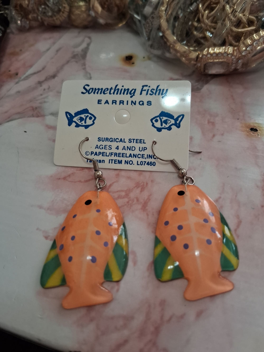 Source Unknown Orange Fish Earrings with Green and Yellow Accents